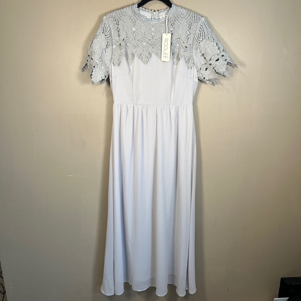 Roolee RD154 Women Light Blue Crochet Lace Overlay Maxi Dress Modest Small NWT